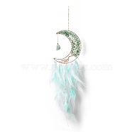 Natural Green Aventurine Chips Beaded Tree of Life Moon with Feather Pendant Decorations, with Iron Findings, for Garden Home Ornament, Aquamarine, 630mm(HJEW-M004-04)