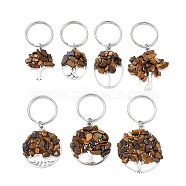 Natural Tiger Eye Chip & Alloy Tree of Life Pendant Keychain, with Iron Split Key Rings, 5.9~6.8cm(KEYC-JKC00648-07)