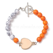 Alloy Enamel Heart Link Bracelet, with Synthetic Turquoise Round Beaded, PeachPuff, 7-1/2 inch(19.2cm)(BJEW-JB09999-04)