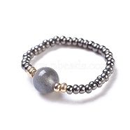 Natural Labradorite Stretch Rings, with Glass Seed Beads, Size 8, 18mm(RJEW-JR00255-04)