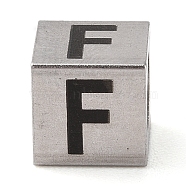 Tarnish Resistant 201 Stainless Steel European Beads, Large Hole Beads, Cube with English Letter, Stainless Steel Color, Letter F, 7x7x7mm, Hole: 5mm(STAS-M058-01F-P)