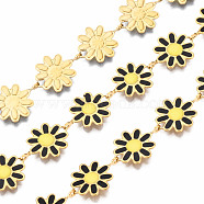 304 Stainless Steel & Enamel Link Chains, with Spool, Unwelded, Real 16K Gold Plated, Nickel Free, Flower, Black, 13.5x10x1mm, about 16.4 Feet(5m)/roll(CHS-Q004-001A-NF)