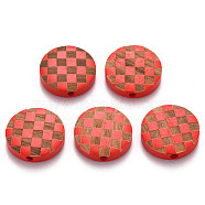 Painted Natural Wood Beads, Laser Engraved Pattern, Flat Round with Grid Pattern, Red, 15x5mm, Hole: 1.8mm(WOOD-N006-04G)