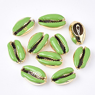 Electroplated Cowrie Shell Beads, with Enamel, No Hole/Undrilled, Golden, Lime Green, 18~20x12~14x6~7.5mm(X-SSHEL-T008-11G-04)