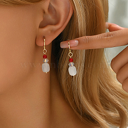 Golden Glass Bead Vintage Ethnic Style Tassel Brass Hoop Earrings for Women, White, 37x8mm(RK1435-2)