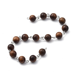 Handmade Wooden Beads Chains, Unwelded, with Brass Eye Pin, Round, Platinum, Coffee, 8mm, 39.37 inch(1m)/strand(AJEW-JB00746-03)