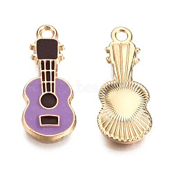 Eco-Friendly Zinc Alloy Pendants, with Enamel, Cadmium Free & Nickel Free & Lead Free, Guitar Shape, Light Gold, Medium Purple, 23x9x2mm, Hole: 2mm(FIND-N048-65B-NR)