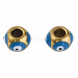 201 Stainless Steel Enamel Beads, Round with Evil Eye, Golden, Steel Blue, 8.5x8.5x6mm, Hole: 3mm(STAS-N087-59-06G)