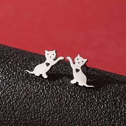 Stainless Steel Small Animal Stud Earrings for Women, Cat Shape, Left and Right, Stainless Steel Color, 60x40mm(PW-WG5B49B-06)