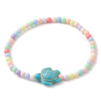 Beach Turtle Synthetic Turquoise Link Bracelets, 4mm Round Acrylic Beaded Stretch Bracelets for Women Men, Turquoise, Inner Diameter: 2-1/4 inch(5.8cm), Turtle: 17.5x14mm, Bead: 4mm