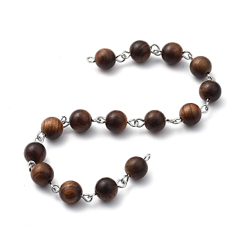 Handmade Wooden Beads Chains, Unwelded, with Brass Eye Pin, Round, Platinum, Coffee, 8mm, 39.37 inch(1m)/strand