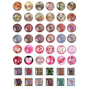 4Sets 4 Styles Glass Cabochons, Half Round with Heart, Mixed Color, Heart Pattern, Mixed Color, 12pcs/set, 1set/style
