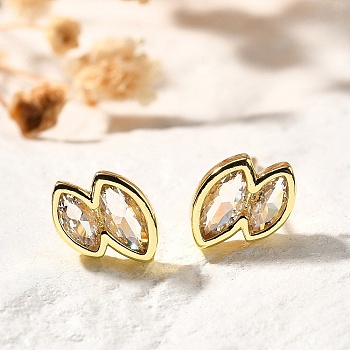 Horse Eye Brass Micro Pave Clear Cubic Zirconia Stud Earrings, Cadmium Free & Lead Free, Long-Lasting Plated, Golden, 9x6mm