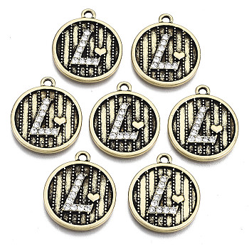 Alloy Pendants, with Rhinestone, Cadmium Free & Nickel Free & Lead Free, Flat Round with Letter L, Antique Golden, 22.5x19.5x2.5mm, Hole: 1.8mm