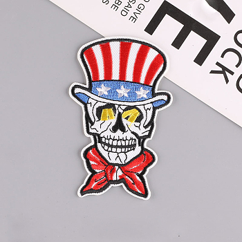 American Flag Skull Computerized Embroidery Style Cloth Iron on/Sew on Patches, Appliques, Badges, for Clothes, Dress, Hat, Jeans, DIY Decorations, for Halloween, Red, 98x63mm