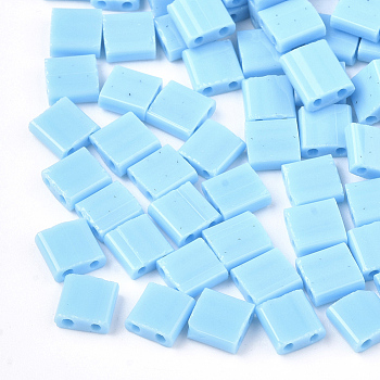 2-Hole Opaque Glass Seed Beads, Rectangle, Light Sky Blue, 5x4.5~5.5x2~2.5mm, Hole: 0.5~0.8mm