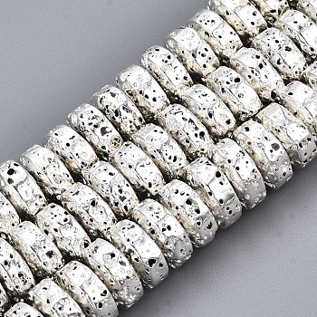 Electroplated Natural Lava Rock Beads Strands, Heishi Beads, Flat Round/Disc, Bumpy, Silver Plated, 8x4mm, Hole: 1.2mm, about 105pcs/strand, 15.75 inch(40cm)