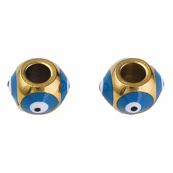 201 Stainless Steel Enamel Beads, Round with Evil Eye, Golden, Steel Blue, 8.5x8.5x6mm, Hole: 3mm