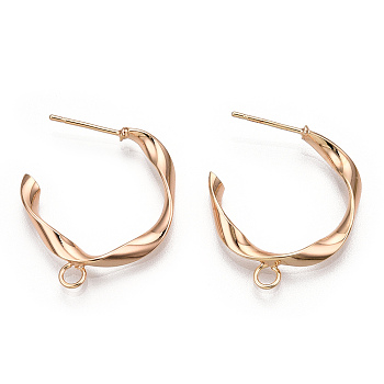 Brass Stud Earring Findings, Half Hoop Earrings, with Loop, Nickel Free, Real 18K Gold Plated, 24.5x22.5x3mm, Hole: 2mm, Pin: 0.8mm