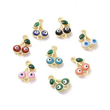 Brass Enamel Connector Charms, Real 18K Gold Plated, Cherry with Evil Eye Pattern, Mixed Color, 7.5x11.5x3mm, Hole: 1.2mm