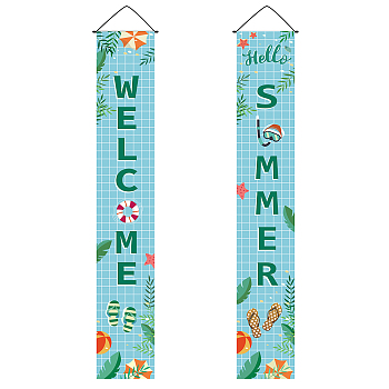 Hanging Polyester Sign for Home Office Front Door Porch Welcome Decorations, Rectangle with Word Welcome Summer, Word, 180x30cm, 2pcs/set
