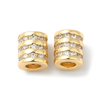 Brass Micro Pave Clear Cubic Zirconia Beads, Column, Real 18K Gold Plated, 6.5x6mm, Hole: 3mm