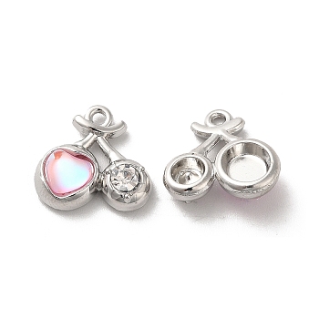 Alloy Pendant, with Glass, Platinum, Lead Free & Cadmium Free, Cherry Charm, Pink, 14x15x5mm, Hole: 1.5mm