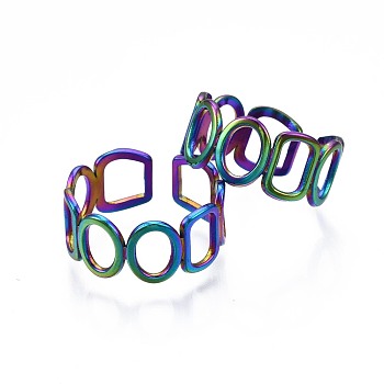 304 Stainless Steel Ring & Rectangle Wrap Cuff Ring, Rainbow Color Open Ring for Women, US Size 8 1/4(18.3mm)