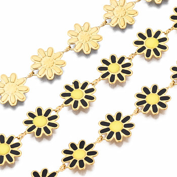 304 Stainless Steel & Enamel Link Chains, with Spool, Unwelded, Real 16K Gold Plated, Nickel Free, Flower, Black, 13.5x10x1mm, about 16.4 Feet(5m)/roll