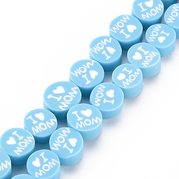 Handmade Polymer Clay Bead Strands, Mother's Day Theme, Flat Round with Word I Love MOM, Sky Blue, 8x4mm, Hole: 1.4mm, about 40pcs/strand, 13.58 inch~ 14.37 inch(34.5cm~36.5cm)