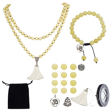 DIY Jewelry Making Kits, Including Natural Lemon Jade Beads, Polyester Tassel Pendant Decorations, Alloy Pendants and Nylon Thread, 8mm, Hole: 1mm, 140pcs/set