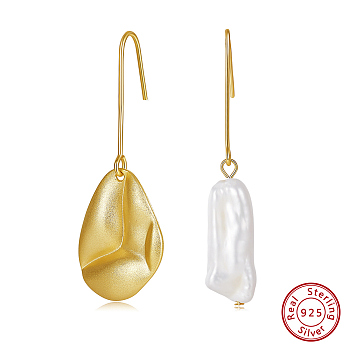 925 Sterling Silver Teardrop Dangle Earrings, Natural Pearl Asymmetrical Earrings, Real 14K Gold Plated, 41x16mm, 43.5x7mm