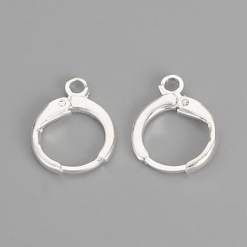 Brass Huggie Hoop Earring Findings, with Loop, Silver Color Plated, 15x11.5x2mm, Hole: 2mm, Pin: 1mm
