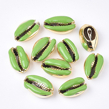 Electroplated Cowrie Shell Beads, with Enamel, No Hole/Undrilled, Golden, Lime Green, 18~20x12~14x6~7.5mm