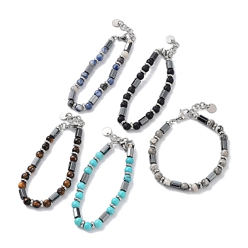 Synthetic Non-magnetic Hematite Faceted Column Beaded Bracelets, Mixed Gemstone Round Bracelets, 22.1cm