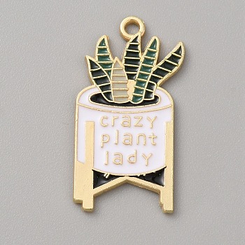Alloy Enamel Pendants, Potted Plant with Crazy Plant Lady Charm, Light Gold, White, 31.5x16.5x1.5mm, Hole: 2mm