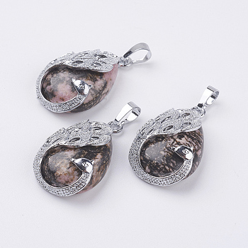 Natural Rhodonite Pendants, with Brass Finding, Teardrop with Peacock, Platinum, 33x20x10.5mm, Hole: 5x6.5mm