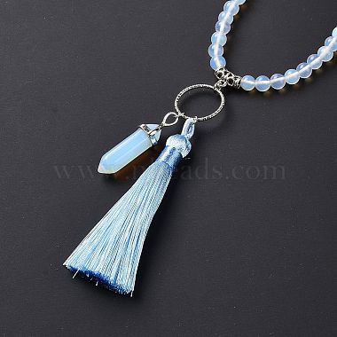 Opalite Bullet & Tassel Pendant Necklace with Mixed Gemstone Beaded Chains(NJEW-E585-02F)-5