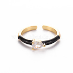 Brass Enamel Cuff Rings, Open Rings, Solitaire Rings, with Clear Cubic Zirconia, Nickel Free, Teardrop, Golden, Black, US Size 7(17.3mm)(RJEW-T016-27B-NF)