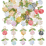 50Pcs 10 Colors Rose Flower Transparent Glass Pendants, with Real 24K Gold Plated 304 Stainless Steel Jump Rings, Mixed Color, 27mm, 5pcs/color(PALLOY-HS00017)