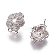 Brass Micro Pave Cubic Zirconia Stud Earring Findings, French Clip Earrings, with Loop, Flower, Clear, Platinum, 18x15x12mm, Hole: 1.8mm, Pin: 0.7mm(KK-O121-14P)