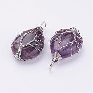 Natural Amethyst Pendants, with Brass Findings, teardrop, Platinum, 44~46x26x12~13mm, Hole: 4x7mm(G-P269-05-P)