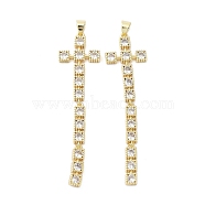 Cross Brass Micro Pave Cubic Zirconia Pendants, Cadmium Free & Lead Free, Long-Lasting Plated, Real 18K Gold Plated, Clear, 61x15.5x3mm, Hole: 4.5x3.5mm(KK-E102-02G-02)