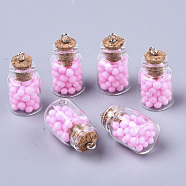 Glass Wishing Bottle Pendant Decorations, with Polystyrene Foam Inside, Cork Stopper and Iron Screw Eye Pin Peg Bails, Pearl Pink, 22x15mm, Hole: 2mm(GLAA-N037-01G)