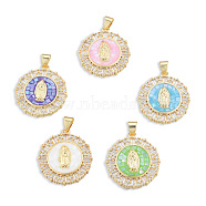 Brass Micro Pave Clear Cubic Zirconia Pendants, with Enamel and Shell, Real 18K Gold Plated, Nickel Free, Flat Round with Virgin Mary, Mixed Color, 23.5x21x4mm, Hole: 3x4mm(KK-N227-100)