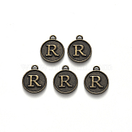 Alloy Pendant Cabochon Settings, For Enamel, Cadmium Free & Lead Free, Flat Round with Letter, Antique Bronze, Letter.R, 14x12x2mm, Hole: 1.5mm(PALLOY-N156-01R-AB)