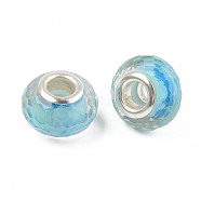 Resin European Beads, Large Hole Beads, with Silver Color Plated Brass Cores, Faceted, Rondelle, Light Sky Blue, 14x9mm, Hole: 5mm(RPDL-S010-25)
