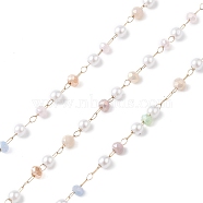 Glass & ABS Imitation Pearl Beaded Chains, Unwelded, with 304 Stainless Steel Link Chains, Golden, Lavender, 3x2~2.5mm(CHS-P016-44G)