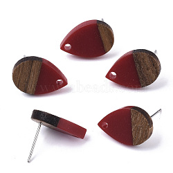 Resin & Walnut Wood Stud Earring Findings, with 304 Stainless Steel Pin, Teardrop, Brown, 17x11mm, Hole: 1.8mm, Pin: 0.7mm(MAK-N032-002A-B04)