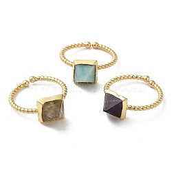 Natural Mixed Gemstone Pyramid Open Cuff Ring, Golden Brass Finger Ring, Cadmium Free & Lead Free, Inner Diameter: 17mm(RJEW-M155-06G)